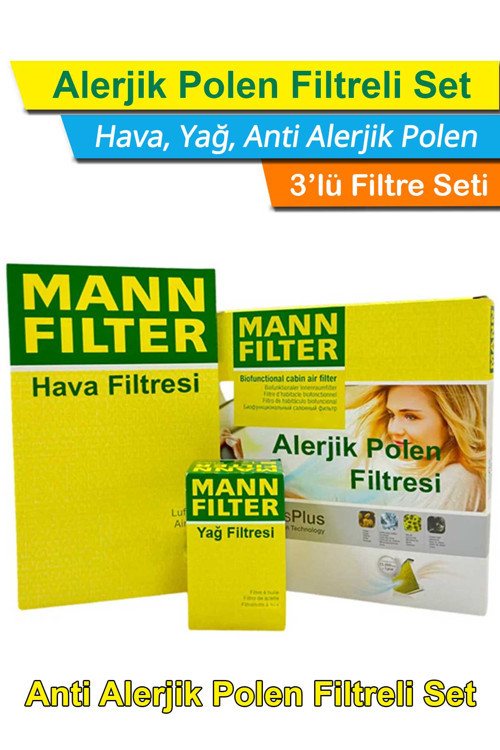 BMW 3 Serisi E90 3.30d 231Hp M57 MANN Filtre Seti 2005-2009 Hava+Yağ+A.Alerjik Polen