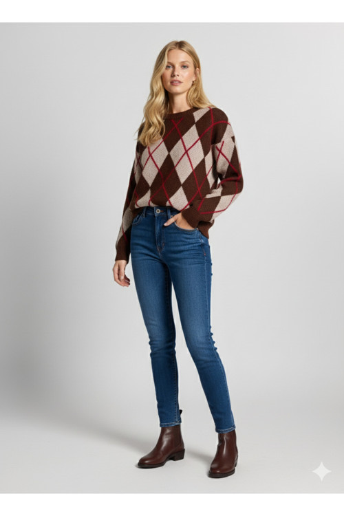 Uzun Kollu Bisiklet Yaka Baklava Desenli Şardonlu Kazak