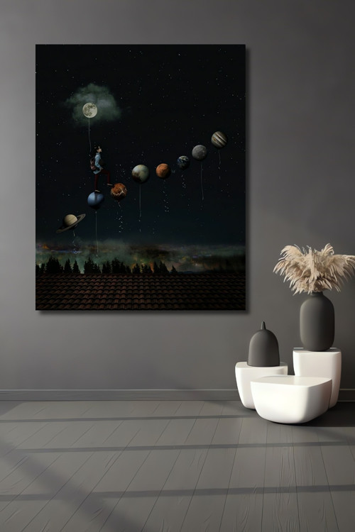 Gezegenler Ve Ay İle Masalsı Gece Modern Sanat Ahşap Dekoratif Dikdörtgen Ev,İşyeri Duvar Tablo