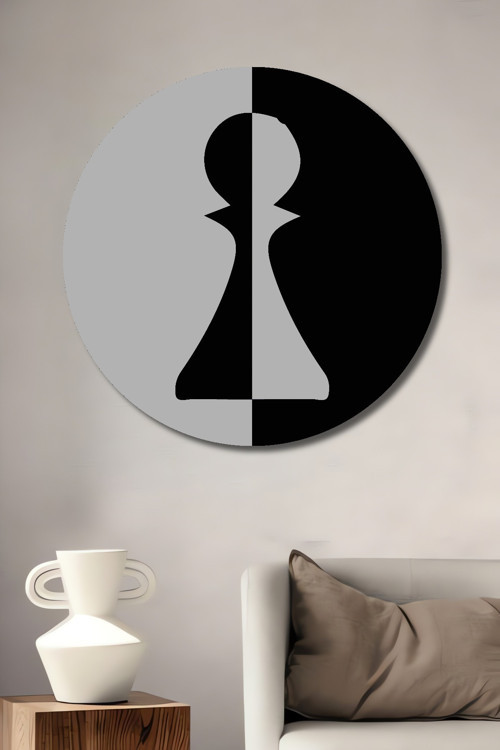 Satranç Piyonu Siyah Beyaz Minimalist Ahşap Dekoratif Yuvarlak Ev,İşyeri Duvar Tablo