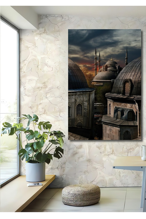 Şehir Manzaralı Cami Görünümlü Dekoratif Ahşap Mdf Dikdörtgen Ev,İşyeri Duvar Tablo