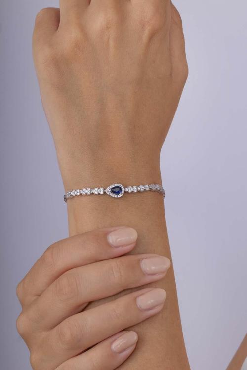 Safir Taşlı Damla Motifli Rodyum Kaplama Gümüş Bileklik