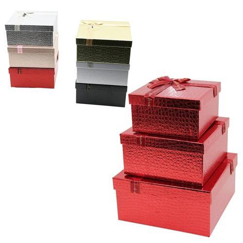 3PCS KARE PARLAK MİX RENKLİ - KABARTMA DESEN KARTON HEDİYE KUTUSU KURDELALI 25-21-17CM .
