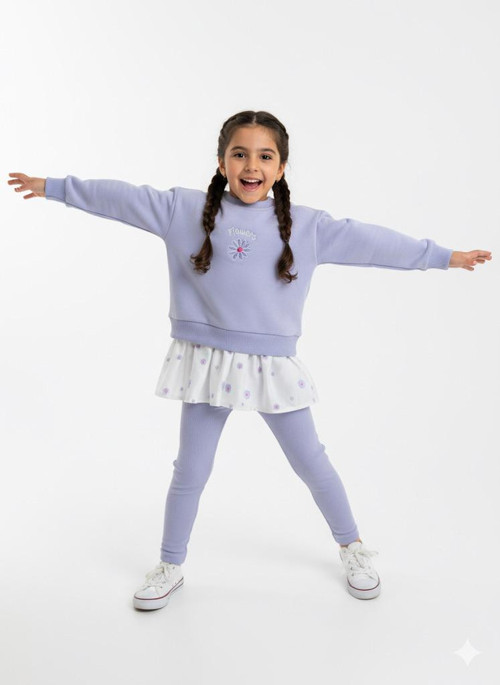 Flowers Nakış Detaylı Kız Çocuk Takımı – Sweatshirt & Tayt Alt, 2–8 Yaş