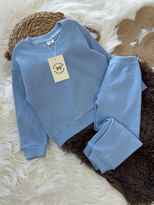 Esnek Ribana Mavi Çocuk Takımı – Sweatshirt & Alt, 18 Ay–6 Yaş
