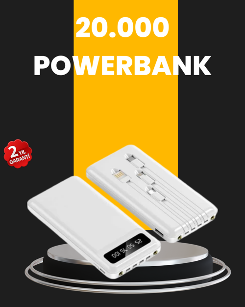 LED Işıklı 20.000mAh Powerbank LCD Gösterge Dahili Çoklu Kablo