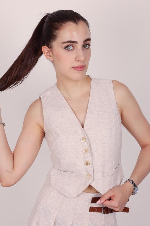 Kadın Taş Düğmeli Keten Yelek