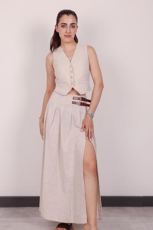 Kadın Taş Tokalı Keten Etek