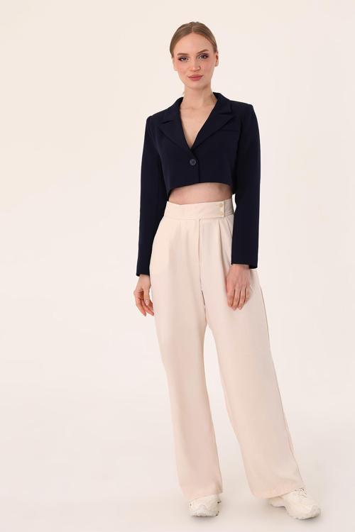 Kadın Taş Çift Düğmeli Keten Palazzo Pantolon