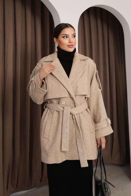 Kadın Taş Kruvaze Oversize Kuşaklı Kaşe Kaban