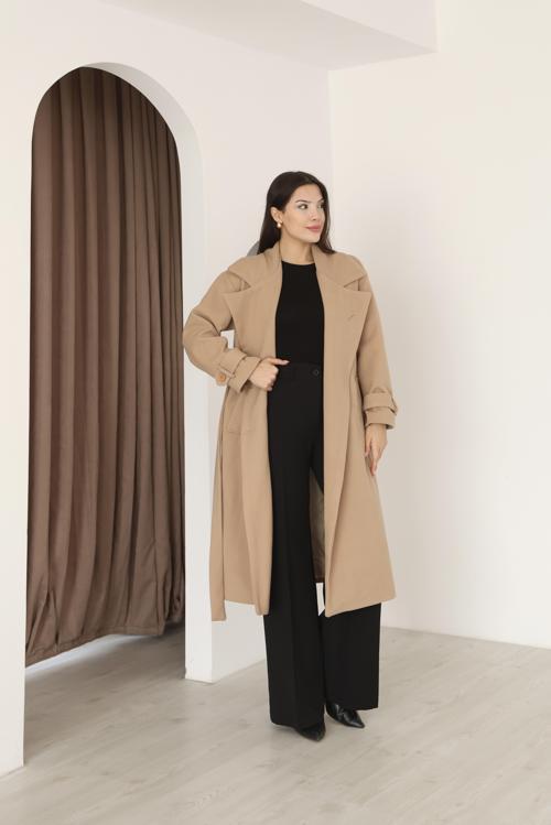 Kadın Vizon Kruvaze Oversize Kuşaklı Uzun Kaşe Kaban