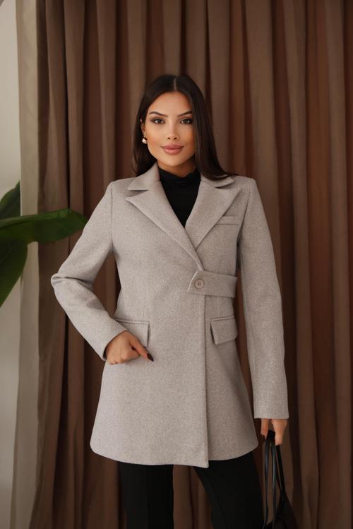 Kadın Gri Yandan Kemer Detaylı Kaşe Kaban