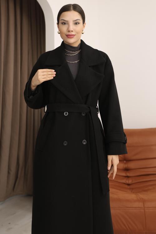 Kadın Siyah Kruvaze Oversize Kuşaklı Uzun Kaşe Kaban