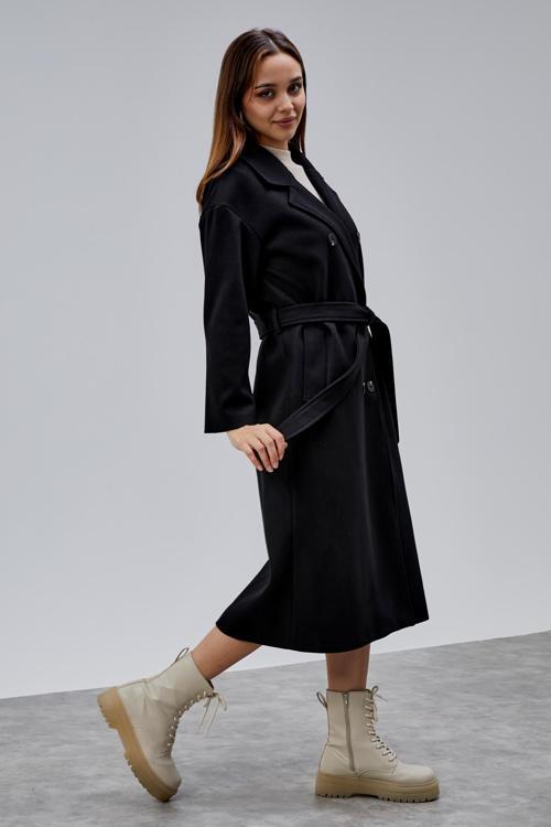 Siyah Kruvaze Kapama Belden Bağlamalı Geniş Kalıp Kaşe Kaban