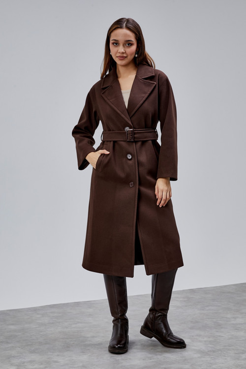 Kahverengi Premium Oversize Kemerli Kaşe Kaban