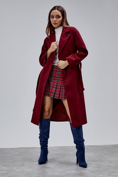 Bordo Premium Oversize Kemerli Kaşe Kaban