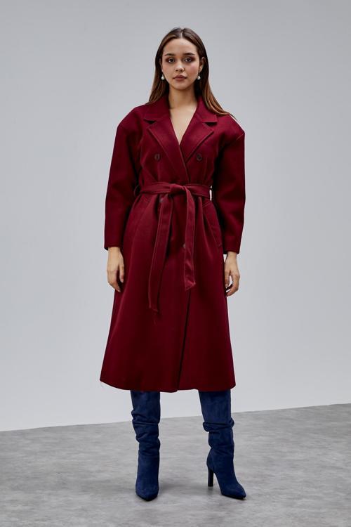 Bordo Kruvaze Kapama Belden Bağlamalı Geniş Kalıp Kaşe Kaban