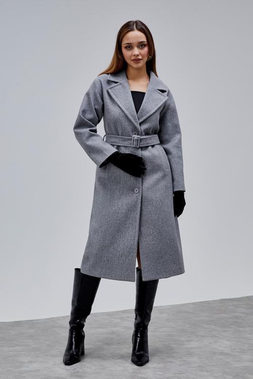 Gri Premium Oversize Kemerli Kaşe Kaban