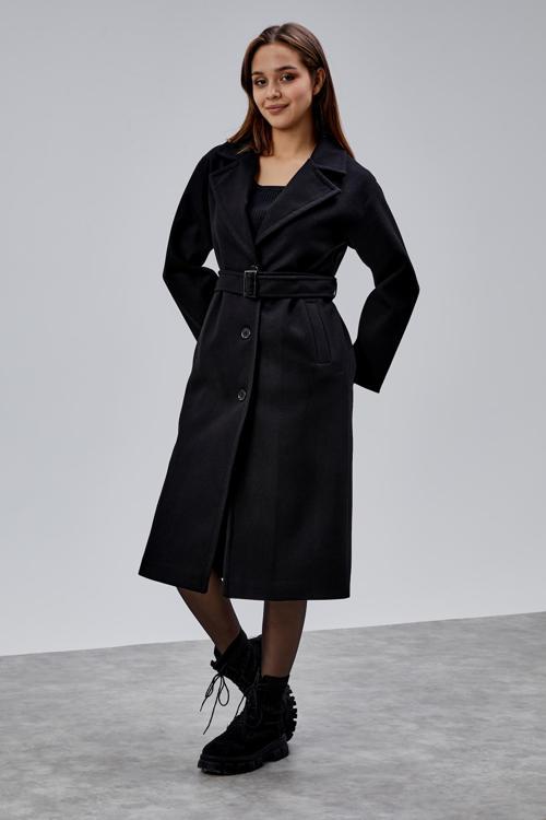 Siyah Premium Oversize Kemerli Kaşe Kaban