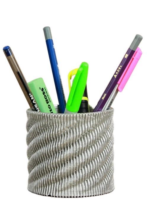 Kalemlik Gümüş Renk Masa Kalemliği Organizer Kalemlik Dönen Çizgili Model