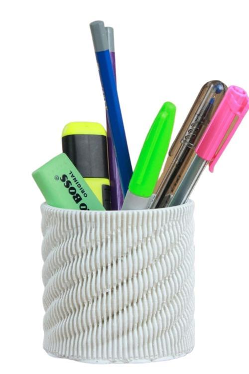 Kalemlik Beyaz Renk Masa Kalemliği Organizer Kalemlik Dönen Çizgili Model