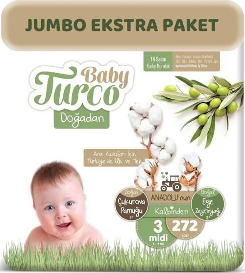 Bebek Bezi Doğadan Beden:3 (5 - 9 Kg) Midi 272 Adet Jumbo Ekstra Pk