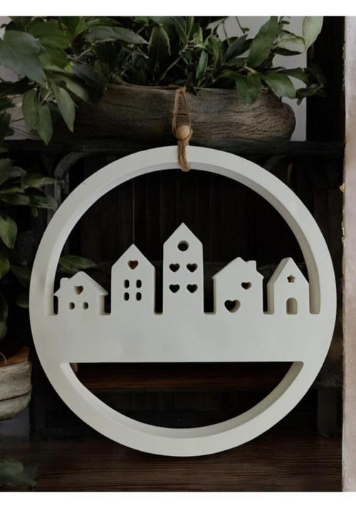 Ev Temalı Duvar Dekoru, Beyaz Renk Yüksek Kaliteli Malzeme El Yapımı Evler Temalı Yuvarlak Askılı Duvar Dekoru, Hediyelik Duvar Dekoru,Ev Dekoru