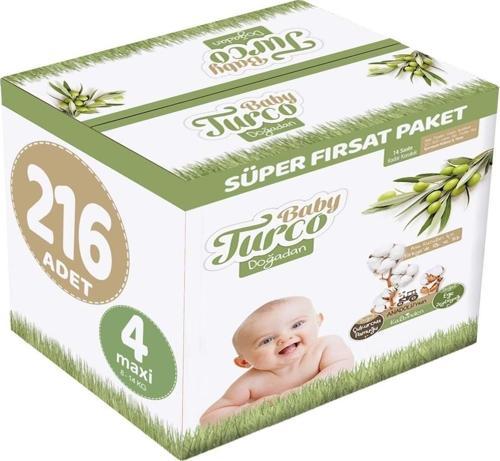 Bebek Bezi Doğadan Beden:4 (8 - 14 Kg) Maxi 216 Adet Süper Fırsat Pk