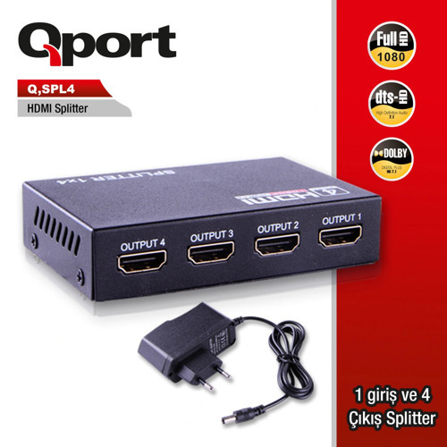 QPORT FULL HD 1 GIRIS 4 CIKIS HDMI SPLITTER (SINYAL COGALTICI) (Q-SPL4)