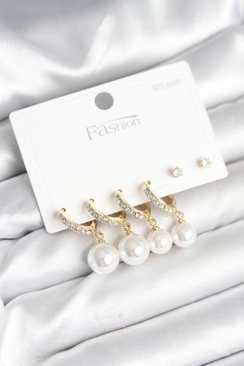 Gold Renk Zirkon Taşlı Pirinç İncili 925 Ayar Gümüş Çivili Küpe Seti - EBJ251010W38093