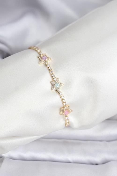 Renkli Yıldız Model Zirkon Taşlı Gold Renk Pirinç Su Yolu Kadın Bileklik - EBJ251201W38606