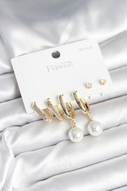 Pirinç Gold Renk İnci Detaylı 925 Ayar Gümüş Çivili Kadın Küpe Seti - EBJ251010W38085