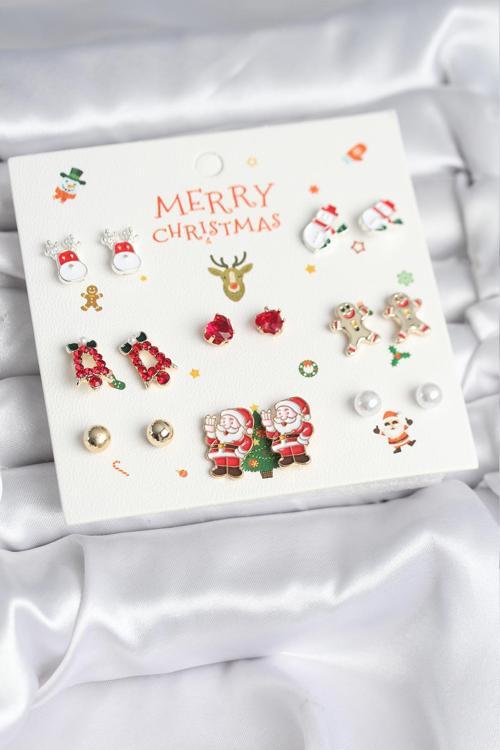 Yılbaşı Temalı Karışık Model 8 Çift Yılbaşı Temalı Kadın Küpe Seti - EBJ251201W38511