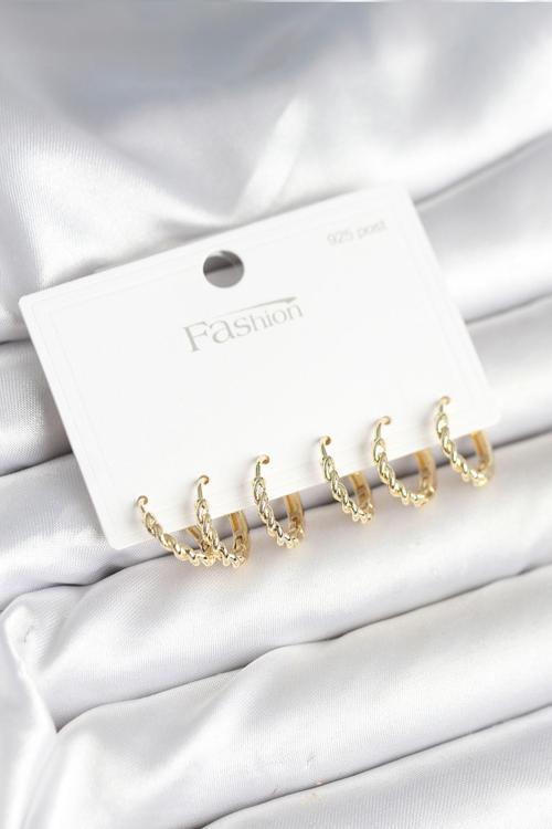 Gold Renk Burgu Halka Model 925 Ayar Gümüş Çivili Pirinç Küpe Seti - EBJ251010W38094