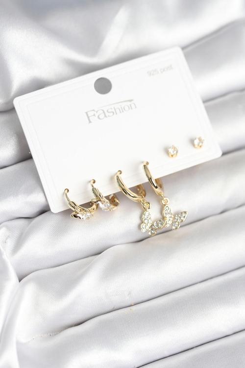 Gold Renk Pirinç Kelebek Model 925 Ayar Gümüş Çivili Kadın Küpe Seti - EBJ251010W38099