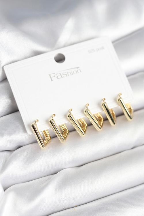 Gold Renk Kare Model Pirinç 925 Ayar Gümüş Çivili Kadın Küpe Seti - EBJ251010W38100