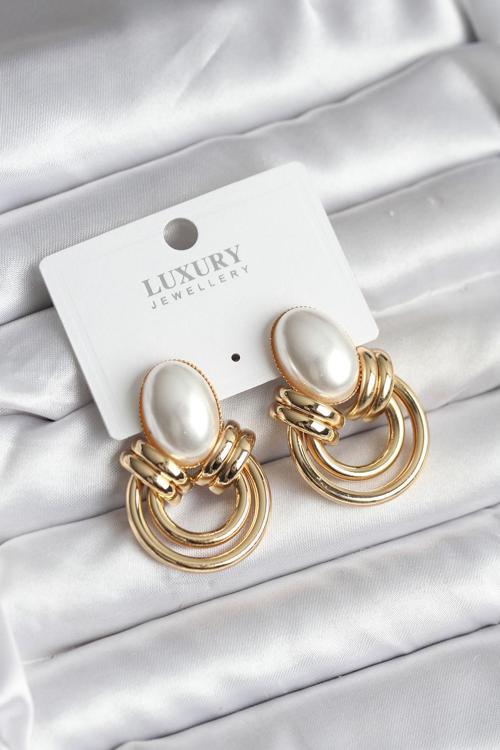 Pirinç Gold Renk İncili Vintage Kadın Küpe - EBJ251201W38684