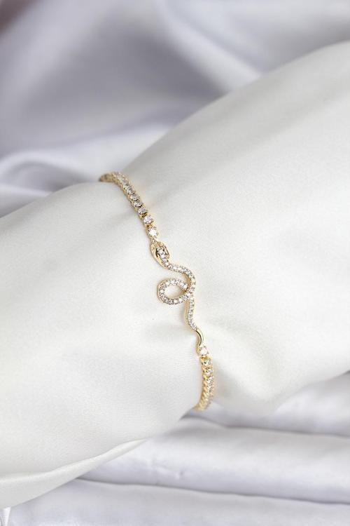 Yılan Model Zirkon Taşlı Gold Renk Pirinç Su Yolu Kadın Bileklik - EBJ251201W38610