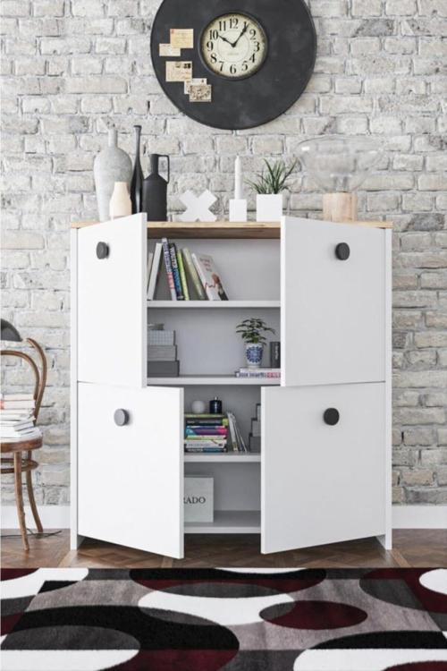 4 Kapaklı 4 Raflı Meşe Beyaz Dekoratif Kiler, Mutfak, Banyo Dolabı