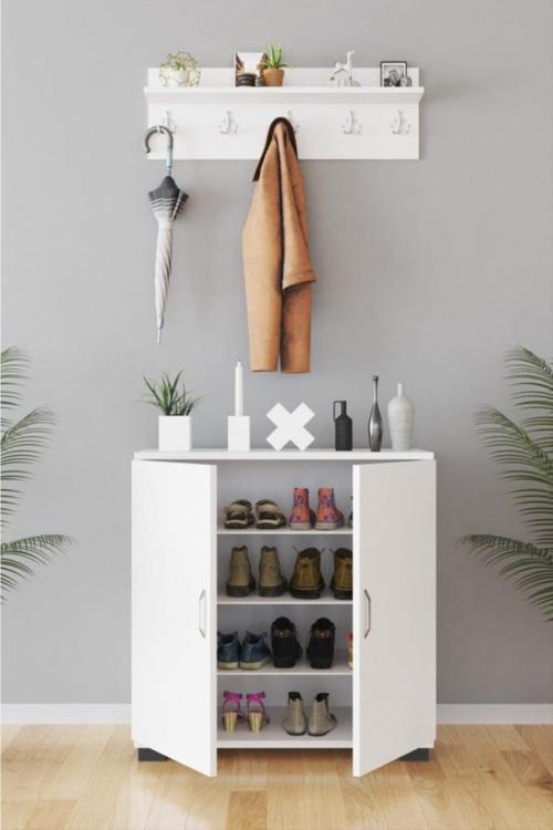 4 Bölmeli Askılıklı Ayakkabılık & Portmanto - Beyaz