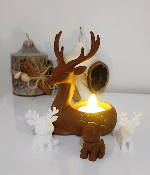 Geyik Mumluk & Mini Geyikler Noel Yılbaşı Süsü Dekoratif Biblo Tealight Mumluk Mum Dahildir