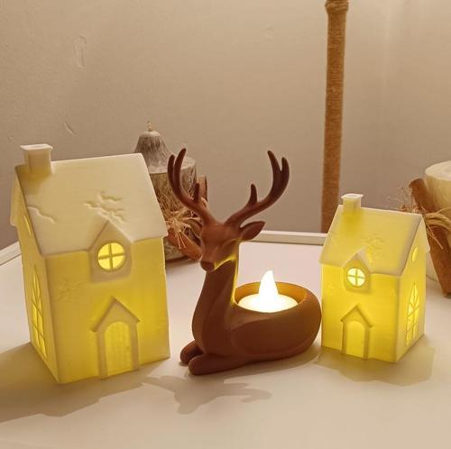 Kış Evleri Geyik Mumluk Noel Yılbaşı Süsü Dekoratif Biblo Tealight Mumluk Seti Mumlar Dahildir