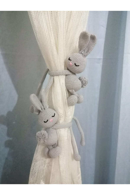 Gri Pembe Burun Perde Tutucu Amigurumi Örgü Oyuncak