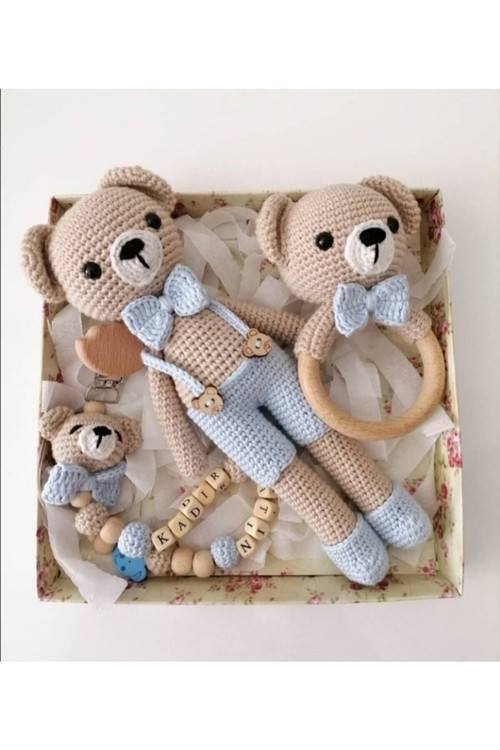 1 - 2 Yaş Amigurumi Organik Örgü Oyuncak Papyonlu Ayıcık Set Tekstil Jel Dobby Mavi