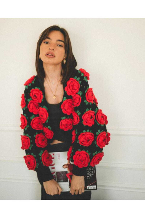 Gül Motifli Crochet Kadın Hırka