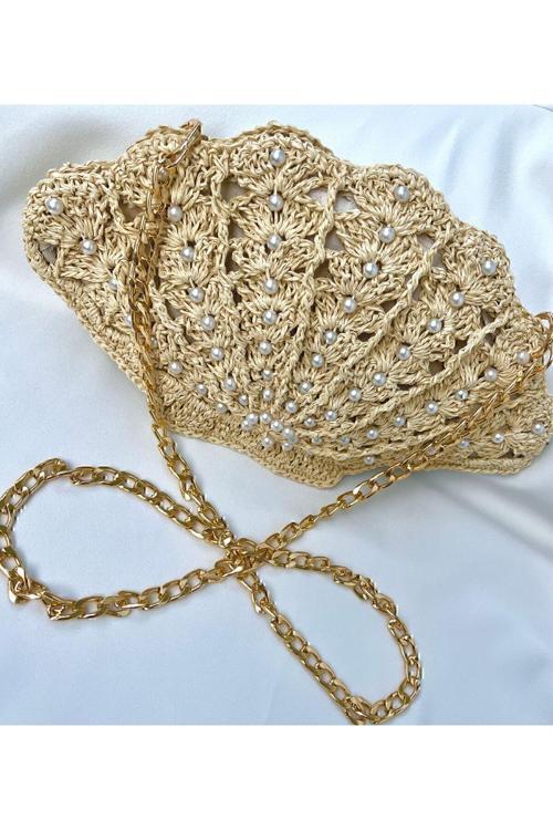 İncili Midye Çanta / İncili İstridye Çanta / İncili Hasır Çanta / Hasır El Örgüsü Çanta