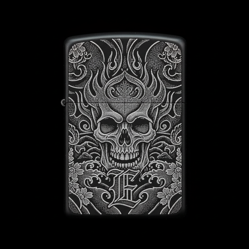 Benzinli Çakmak Kuru Kafa Figürlü E Harfli Tasarım - V27