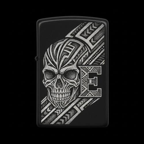 Benzinli Çakmak Kuru Kafa Figürlü E Harfli Tasarım - V16