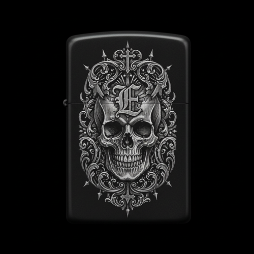 Benzinli Çakmak Kuru Kafa Figürlü E Harfli Tasarım - V44