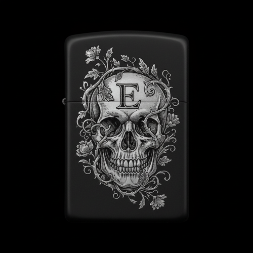 Benzinli Çakmak Kuru Kafa Figürlü E Harfli Tasarım - V45